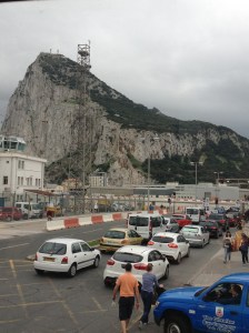 Crossing the runway on our double-decker bus