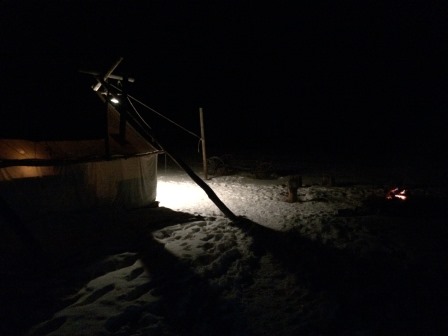 Warming tent and bonfire